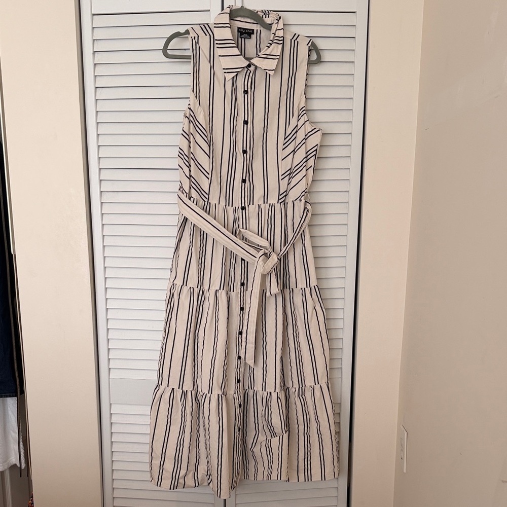 City Chic Cream Maxi Shirt Dress with Black Vertical Stripes